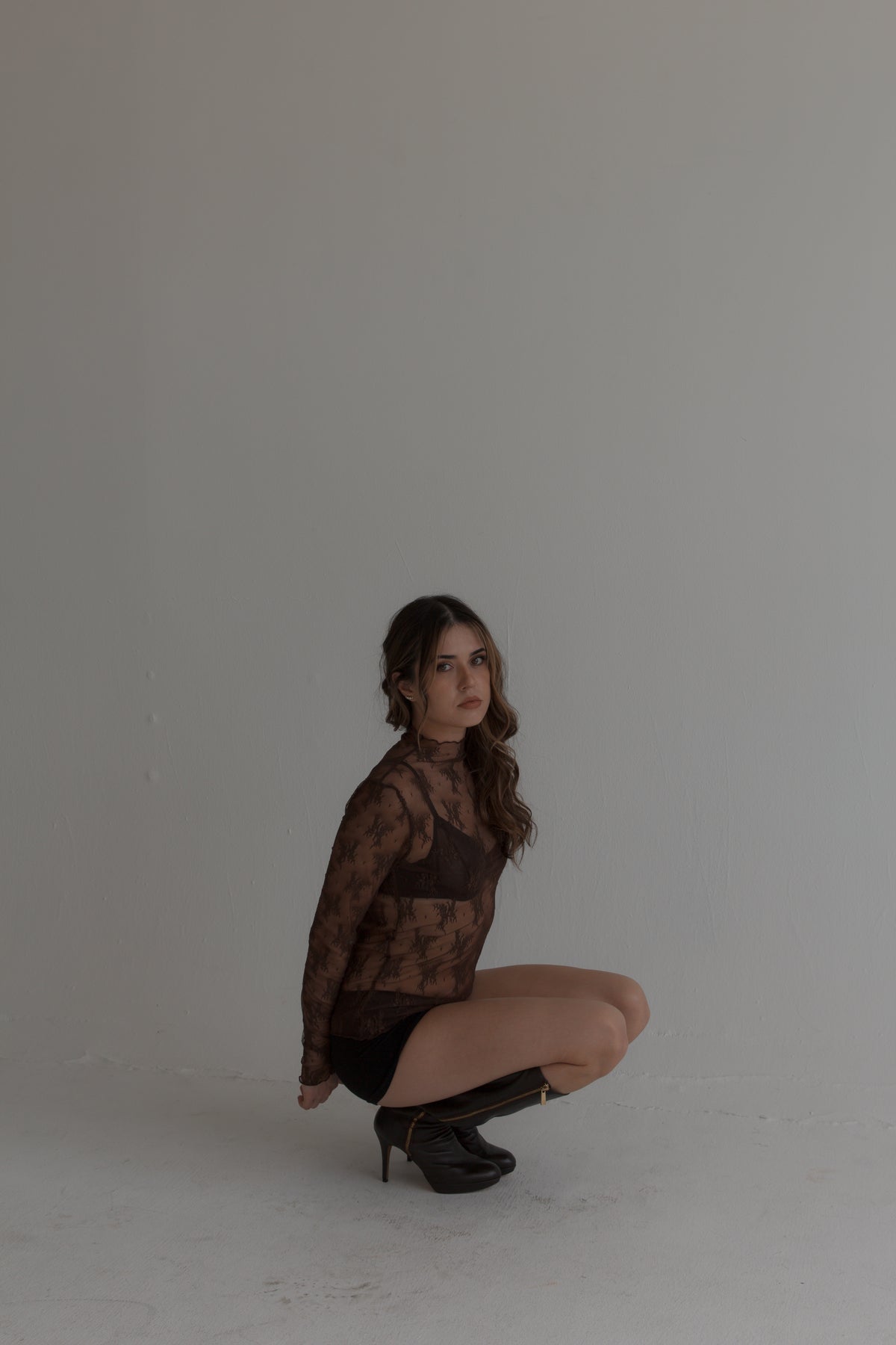 Sheer Lace Long Sleeve Top - Brown