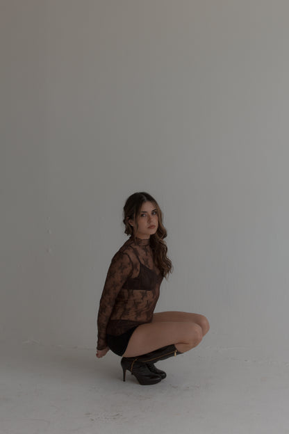 Sheer Lace Long Sleeve Top - Brown